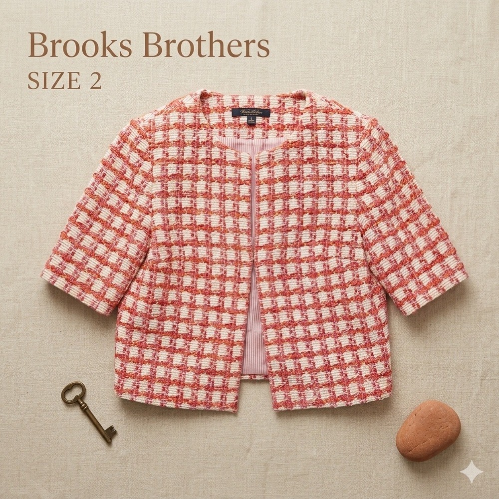 Brooks Brothers 100% Cotton Tweed Jacket Pink Red Plaid Short Sleeve Size 2